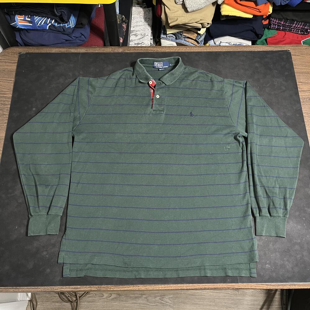 Vintage Polo By Ralph Lauren Polo Shirt Rugby Men Green Stripe RRL Made USA 90s